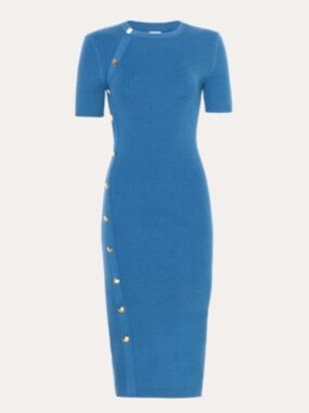 Ellie Tahari Bella Royal Blue Short-Sleeve Button-Detail Knit Midi Dress